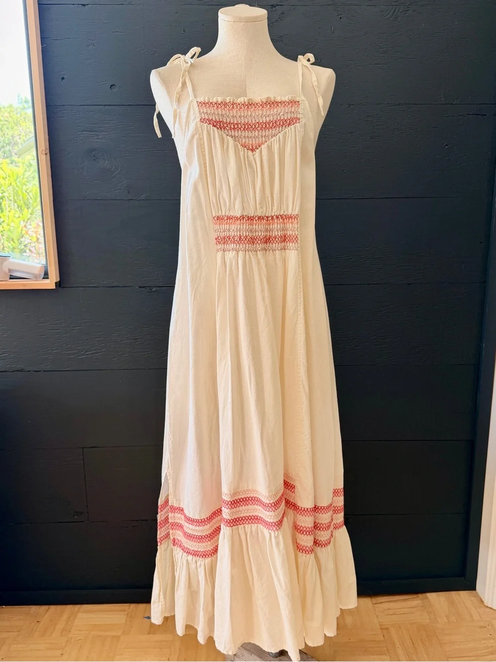 Free People Cream Smocked Tie-Strap Midi Dress with Pink Embroidery Size M
